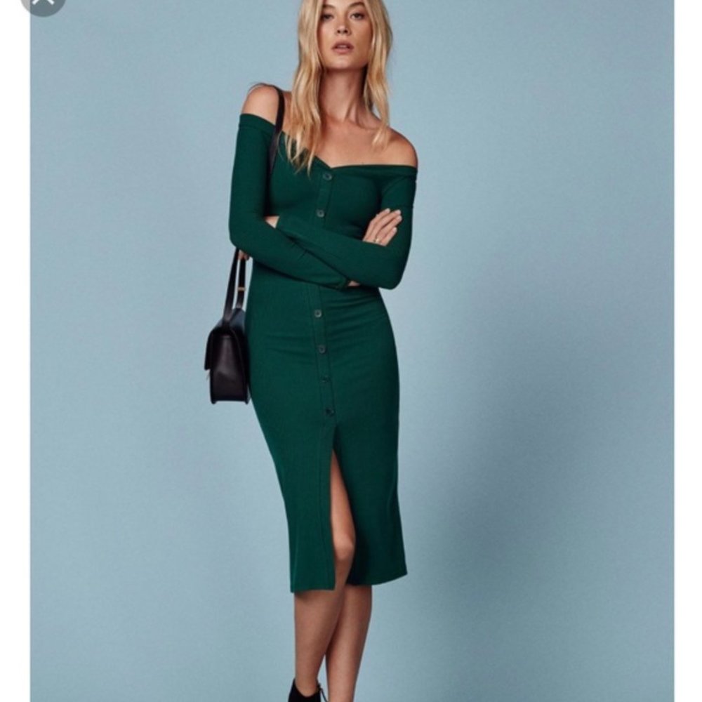 Reformation emerald green long sleeve knit midi Cora dress